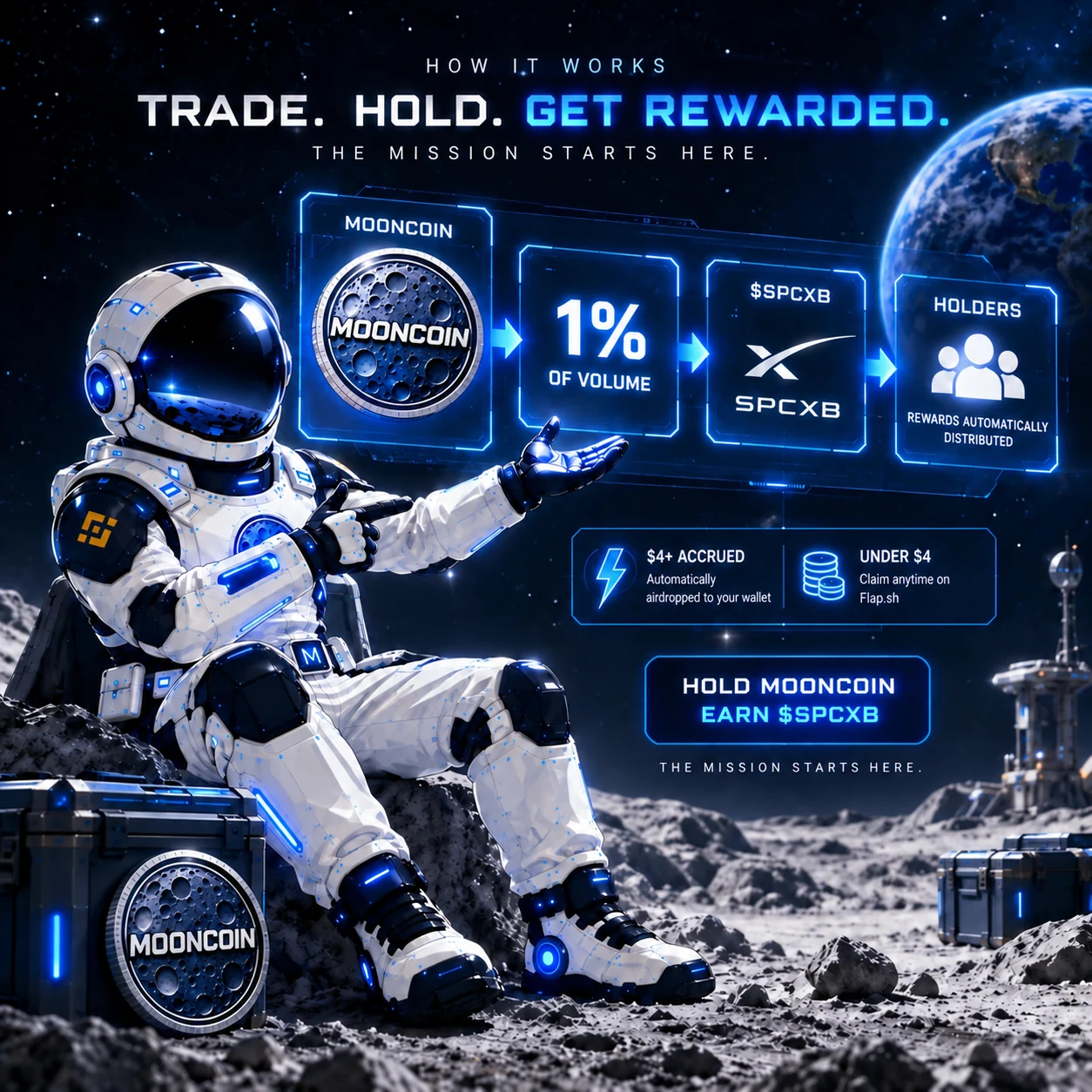 Mooncoin how-it-works infographic: 1% of trading volume is converted to $SPCXB and distributed automatically to holders.