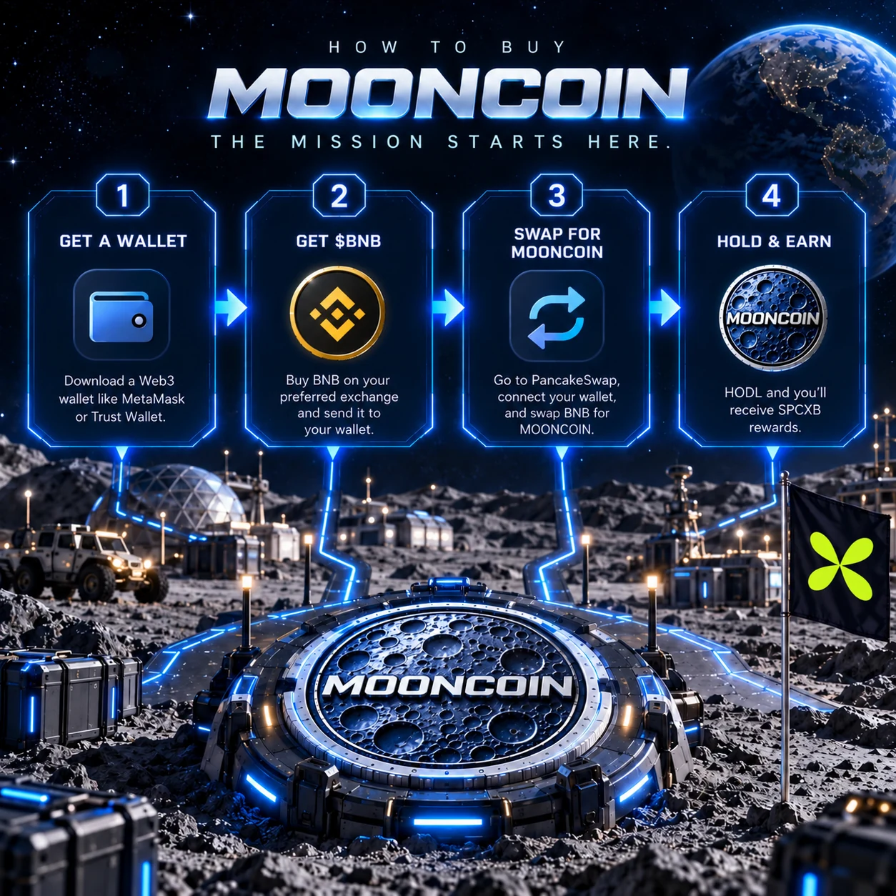 How to buy Mooncoin in four steps: get a Web3 wallet, get $BNB, swap BNB for Mooncoin on PancakeSwap, then hold and receive $SPCXB rewards.